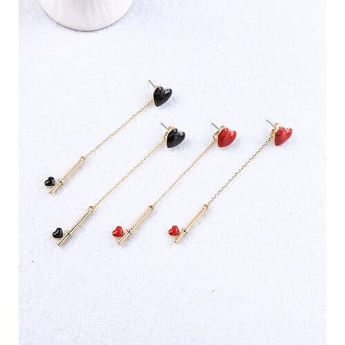 Simple Design Cute Red/Black Enamel Heart Drop Earring For Women Handmade Date Gift Jewelry
