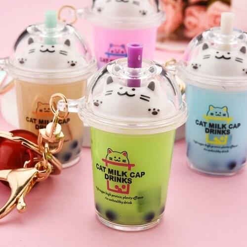 Cute Cat Pearl Milk Tea Cup Key Chain Creative Quicksand Liquid Floating Drink Keyring Backpack Pendant Keychain Gift for women