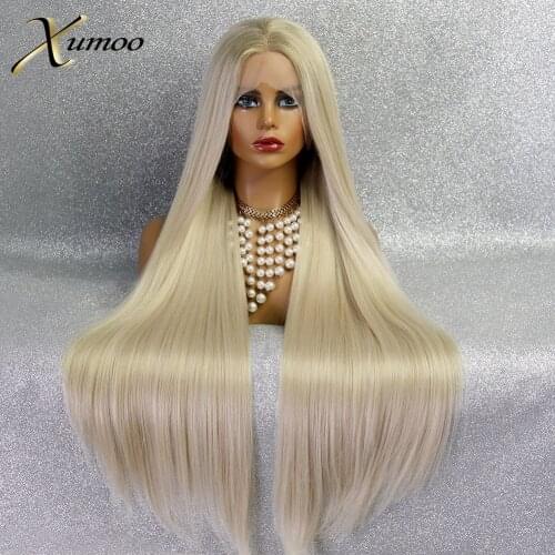 XUMOO Heat Resistant Ombre Platinum Blonde Synthetic Lace Front Wig Glueless Long Straight Wig Cosplay Lace Front Wigs For Women