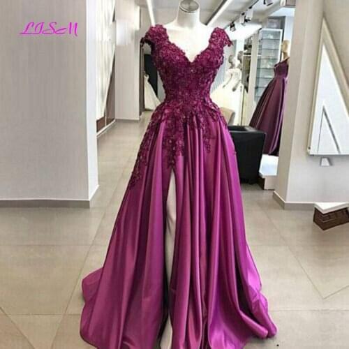 Fuchsia V-Neck Satin Evening Dresses 2020 Vestidos De Fiesta Floor Length Lace Appliques Side Split Princess Party Gowns