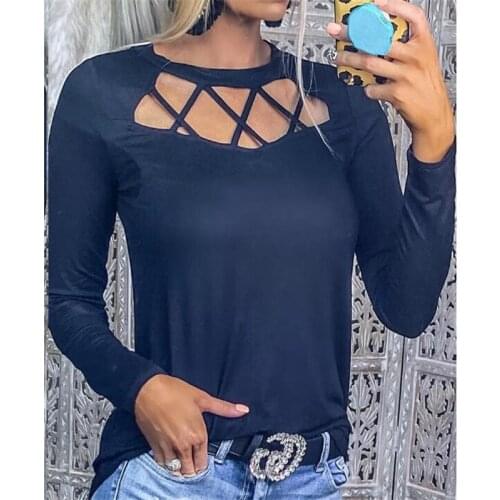 Women Solid Color T-shirt Spring Autumn Casual Style Long Sleeve Round Neck Hollow Pullover T Shirt Loose Streetwear T-shirts