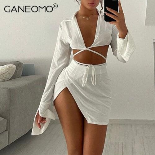 Elegant White Long Sleeve Crop Top And Split Mini Skirt Sets Women 2021 Autumn Sexy Bandage Dresses Suits Party Club 2 Piece Set