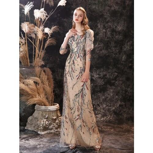 Gorgeous Evening Dresses New Arrival Sequined Lace Champagne Mermaid Formal Prom Gown with 3/4 Sleeves вечерние платья