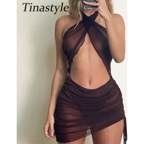Tinastyle Halter Sheer Mesh Bodycon Dress Women Hollow Out Halter See Through Sleeveless Party Y2K Mini Sexy Summer Dresses 2021