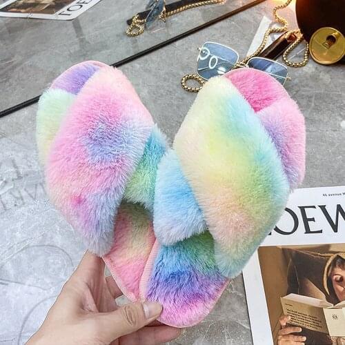 Winter Colorful Warm Home Slippers Rainbow Furry Casual Women Plush Slides Ladies Indoor Anti-skid Comfort Female Fluffy Sandals