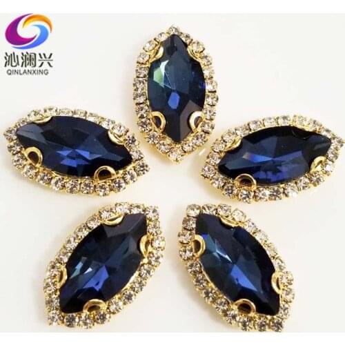 Gold bottom Ink blue Top grade Glass Crystal buckle, eye shape sew on rhinestones with holes,Diy/jewelry accessories SWEKG21