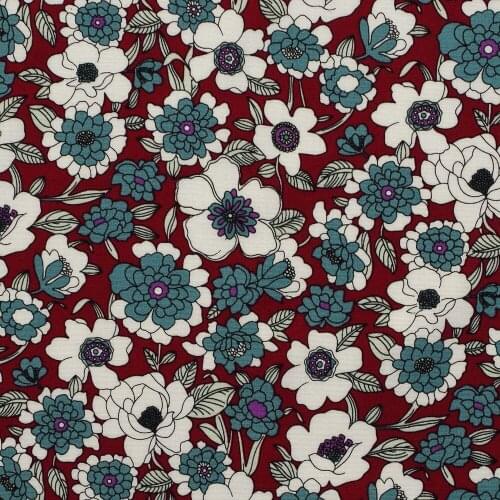 1 Yard Cotton Poplin Fabric for Sewing Patchwork, Dress, Cloth - Flowers on Drark Red Background (width=140cm)