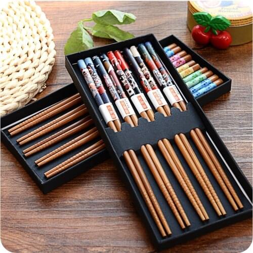 5 Pairs Japanese Home High Quality Bamboo Wooden Chopsticks Boutique Portable Cutlery Set Lucky Cat Kitchen Tableware
