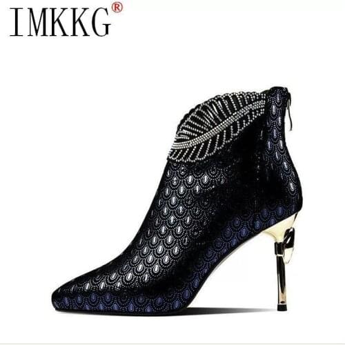 Peacock Pattern Embossed Leather Boots Woman Ankle Boots Plating Heel Rhinestone Womens Winter Shoes 2021 Female Footware Blue
