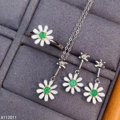 KJJEAXCMY Fine Jewelry 925 sterling silver inlaid natural gemstone emerald ring pendant earring set exquisite supports test