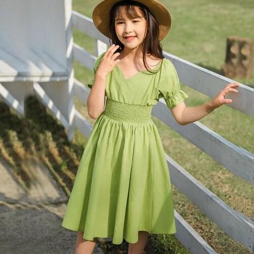 4 To 15 Years 2021 New Children Clothes Kids Summer Dress Girls Teenage Dresses Girl Holiday Clothing Green Elastic Waist
