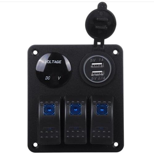 Boat Car RV LED 3 Gang Rocker Toggle Switch Control Panel 12V with 3.1A Dual USB Charger & Digital Display Voltmeter