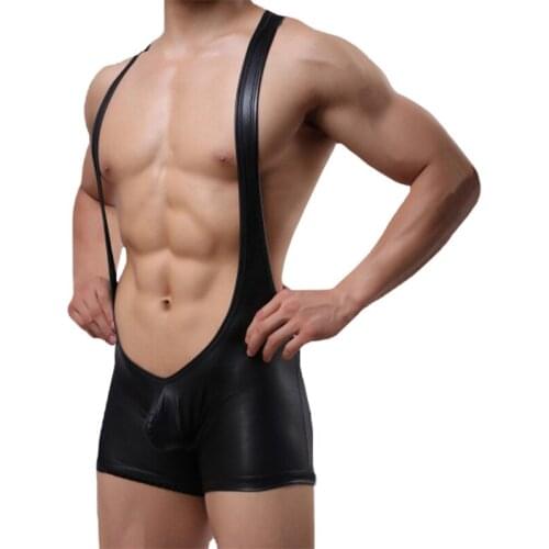 Mens sexy imitation leather patent leather PU one-piece boxer briefs nightclub hollow patent leather sexy strap bikini shorts