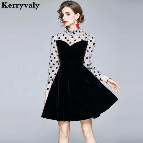 Hepburn French Velvet Stitching Mesh Autumn Dress Zomerjurk Dames 2021 Graceful Gothic Polka Dot Black Women Dress K8216