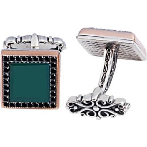 Silver Green Agate Stone Black Zircon Engraved Cufflinks