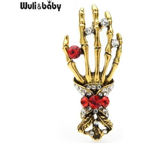 Wuli&baby Vintage Rhinestone Skull Hand Brooches Unisex Classic Punk Style Brooch Pins Gifts