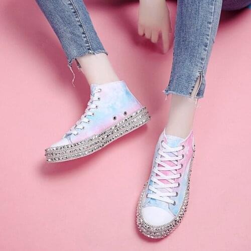New Autumn Women Rock Punk Studded Canvas Espadrilles High Top Sneakers in Fantasy Color