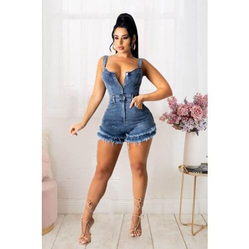RMSFE 2021 Women Sleeveless Button Pocket Casual Fashion Denim Slim Fringed Denim Jumpsuit