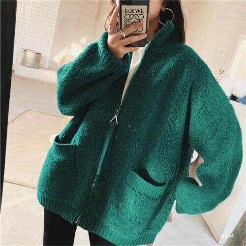 2019 Thick Warm Cardigan Sweater Coat Spring Winter Lazy Wind Solid Color O-neck Sweater Knitted Jacket Streetwear Female AA106