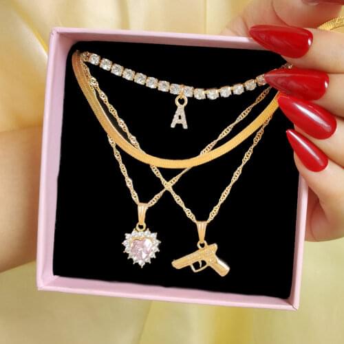 Flatfoosie New Multi Layer Crystal Heart Letter Pendant Necklace For Women Fashion Gold Pistol Twisted Chain Necklaces Jewelry
