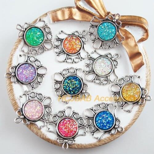10 New Heart Charms Tibetan Silver Tone Retro Mixed Round Resin Connectors 26x29mm