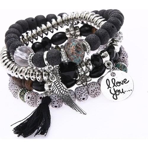 Bohemian/Middle Black & Silver Angel Wing Stackable Bracelets for Women Ladies Girls Tassel Stretch Bangles - Bead Stacked Charm