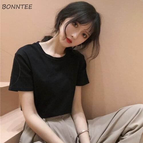 Short Sleeve T-shirt Women Casual All-match Slim O-neck Solid Summer Students Korean Style Simple Fashion Top New Friend Chic