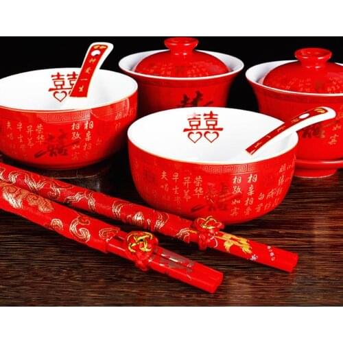 Chinese Wedding Tableware Red Ceramic Dragon Phoenix Bowl Dessert Tea Bowls Chopsticks Spoon Wedding Gift Decoration Accessories