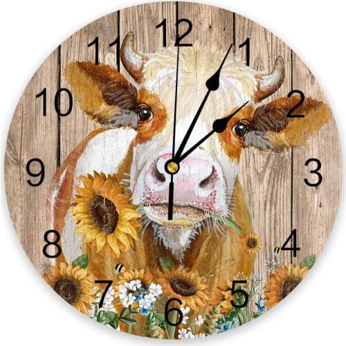 Cow Sunflower Farm Wood Plank Texture Living Room Clock Wall Round Clocks Decor Home Bedroom Kitchen Decoration Wall Clocks