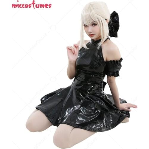 Fate/hollow Ataraxia Saber Alter Cosplay Costume Backless A Line Leather Dress Swimsuit Swimwear with Headwear