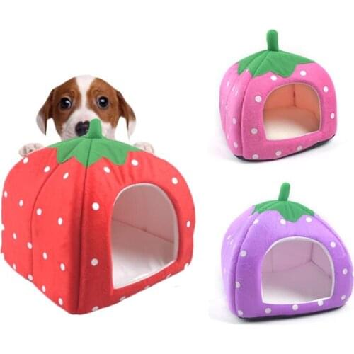 Creative Strawberry Pet Bed House Foldable Dog House Waterproof Short Plush Bed Small Medium Large Dog Cat Durable Pet Supplies
