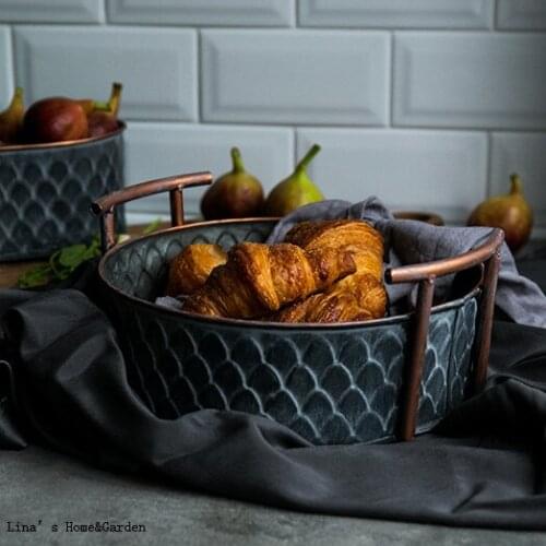 European handcrafted round antique decorative metal trays with handles