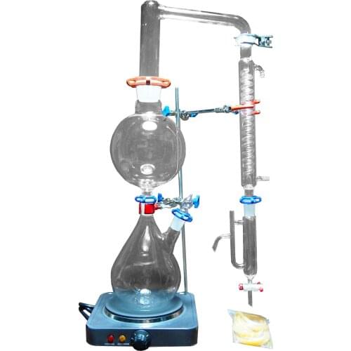 New 2000ml Lab Essential Oil Steam Distillation Apparatus Glassware Kits Water Distiller Purifier w/Hot Stove Graham Condenser