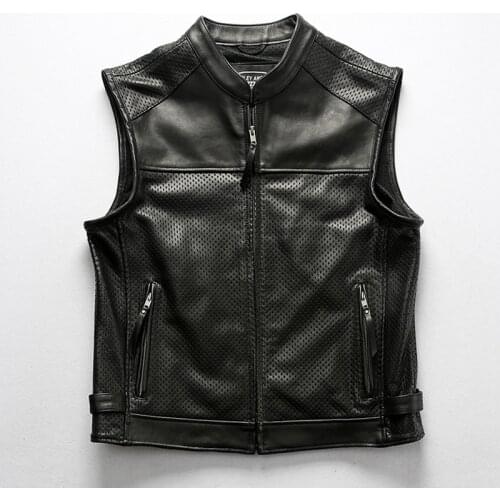 Motorcycle Club Vest Mens Mesh Breathable Cowhide Perforated Zippper Thick Genuine Leather Sleeveless Jacket