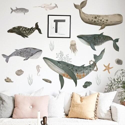 Cartoon Whale Fish Wall Sticker for Kids Rooms Nursery Waterproof Home Decor Wall Decals Murals Wall Decor Vinyl Tile stickers