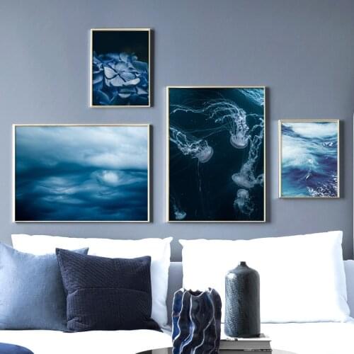 Blue Flower Sky Sea Jellyfish Wall Art Canvas Painting Nordic Posters And Prints Landscape Wall Pictures For Living Room Decor