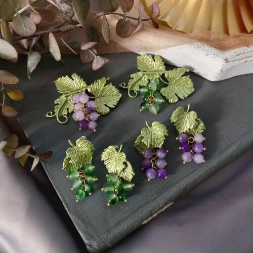 Natural stone the vine brooch Chinese wind restoring ancient ways light luxury elegant temperament 925 earrings
