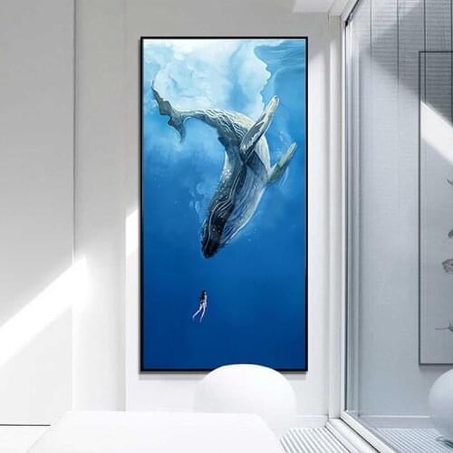 Poster Modern Wall Art Canvas Painting Animal Ocean Fish Whale and Girl Oil Painting Wall Pictures for Living Room Decor Cuadros
