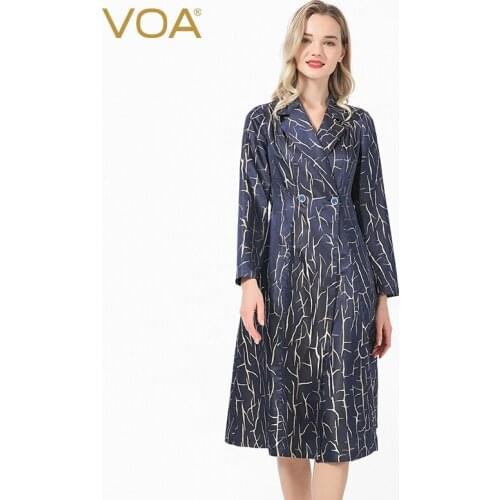 VOA Silk 23m/m Jacquard Business Suit Collar Pleated Double Row Button Waist Hugging Long Sleeve Expandable Trench Coat F635