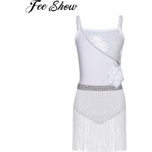 FEESHOW Kids Shiny Elastic Strap Sequin Latin Dance Dress White Ballroom Stage Rumba Salsa Tango Tassel Leotard Girls Dance Wear