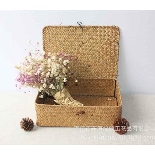 Handmade Straw Storage Basket with Black Buckle Cover Finishing Box Wholesale Desktop Cosmetics Storage Box