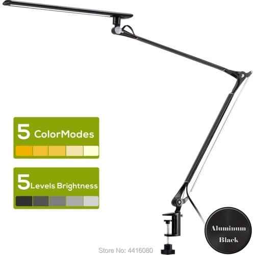 LED Architect Metal Swing Arm Table Lamp Desk Lamp with Clip and 5level Dimmer 5 Lighting Modes Eye Care Touch Control Black 15W