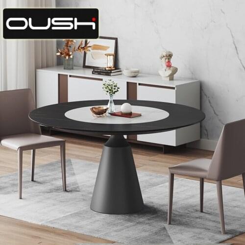Built in rock plate dining table with turntable rotary round designer villa 6-type extremely simple rock plate round dining