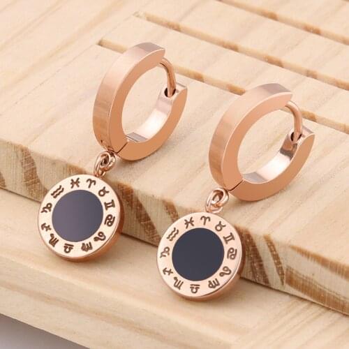 Trendy Constellation symbols Pendant Rose Gold Color Stud Earring for Women Girls Stainless Steel Ear Jewelry Gifts