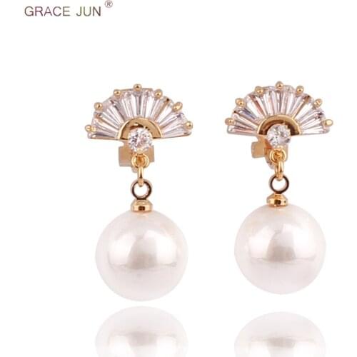 GRACE JUN New Arrival Sector Shape Clip on Earrings for Women Party Gogeous AAA CZ Faux Pearl No Ear Hole Earrings Anti-allergy