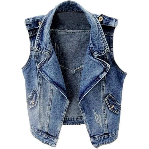Plus size Suit collar Sleeveless Vest Denim Jackets Women 2020 Spring Autumn Casual Vintage Solid Jeans Jacket Waistcoats 5XL