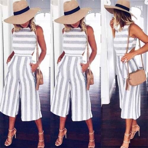 2018 Womens Sleeveless Striped Jumpsuit Casual Loose Trousers Fashionable Leotard Catsuit Combinaison Wide Leg Pants