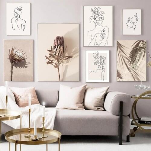 Palm Leaf Flower Plant Print Canvas Painting Abstract Women Body Poster Line Drawing Wall Art Pictures Living Room Home Decor