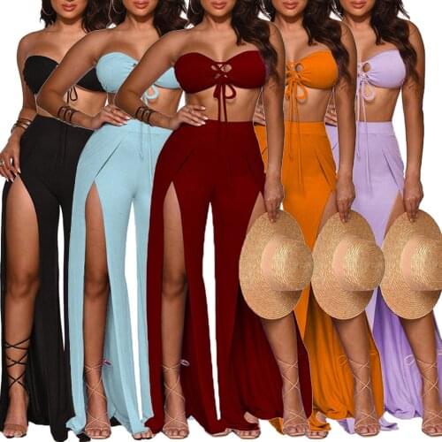 Women Sexy Solid Color Tube Top Strappy Tops Split Wide Leg Pants Two-piece Set Summer Fashion Trouser Suits костюм женский 2021