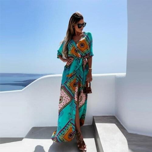 Women Dress Belt Waist Printing Loose Bohemia Fashion Elegant Ladies Travel Seaside Outdoor Big Swing Long Female Dress